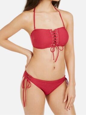 Hula Honey BERRY JAM Juniors Rhythm Rib Bandeau Bikini Swim Top & Bottom, Small